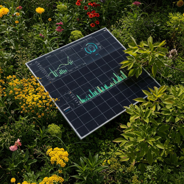 Illustration eines Solarpanels mit eingeblendeten Ertragsdiagrammen